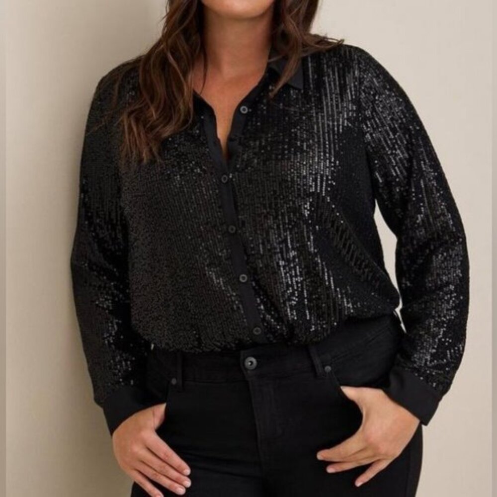 Women’s torrid 1 Black Madison Sequin Button-Front Long Sleeve Shirt 14 16 1XL